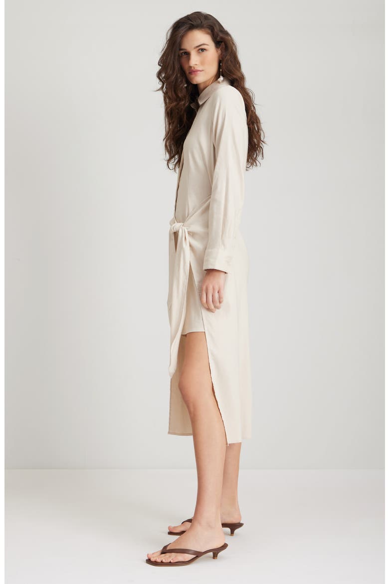 Long Sleeve Stretch Linen Blend Faux Wrap Shirtdress, Alternate, color, BEIGE OATMEAL