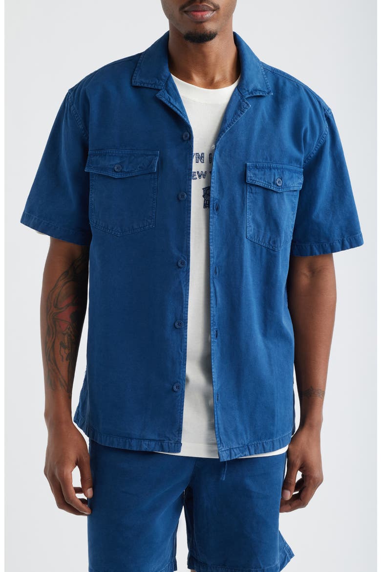 Short Sleeve Linen Blend Button-Up Shirt, Main, color, NAVY PEONY
