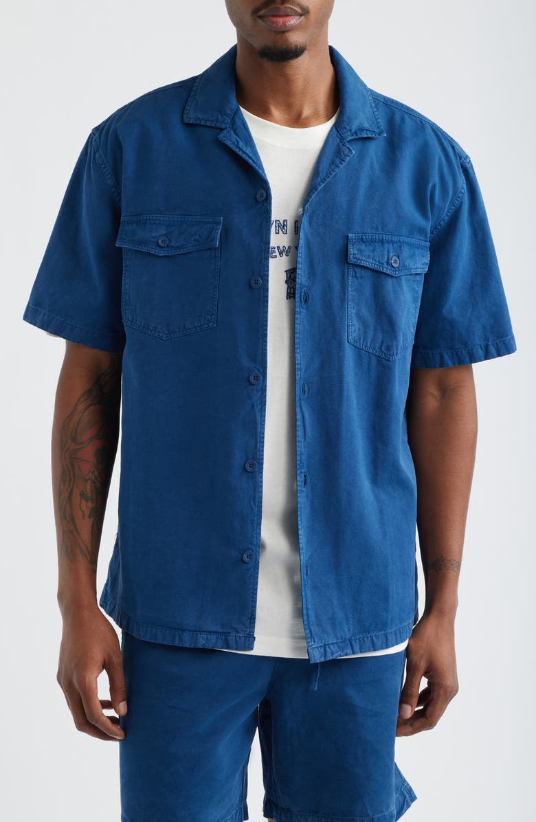 Brooklyn Industries Short Sleeve Linen Blend Button-Up Shirt, Main, color, Navy Peony