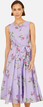 Yumi Sleeveless Tie Waist Printed Midi Dress