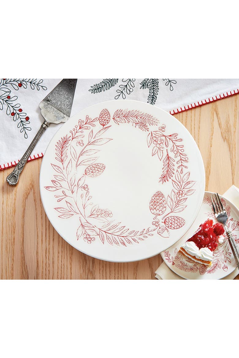 Tis Season Christmas Wreath Cake Plate Red Ceramic Platter, Alternate, color, Red