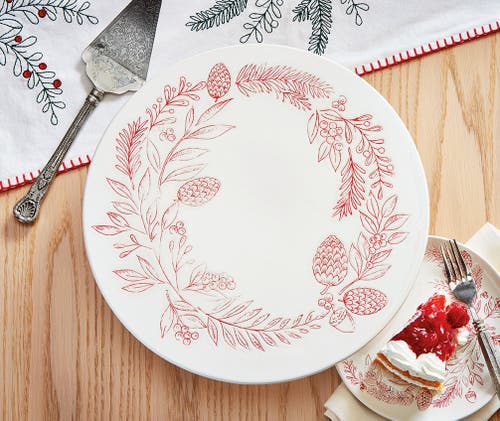 Tag Tis Season Christmas Wreath Cake Plate Red Ceramic Platter In White