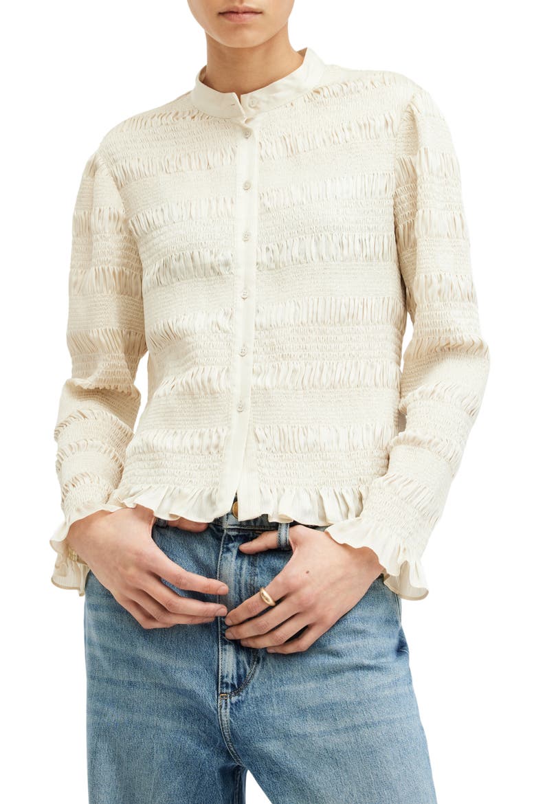 Meg Smocked Button-Up Shirt, Main, color, SAND BEIGE