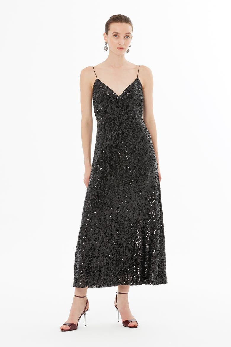 Sleek Satin V-Neck Spaghetti Strap Dress, Alternate, color, Black
