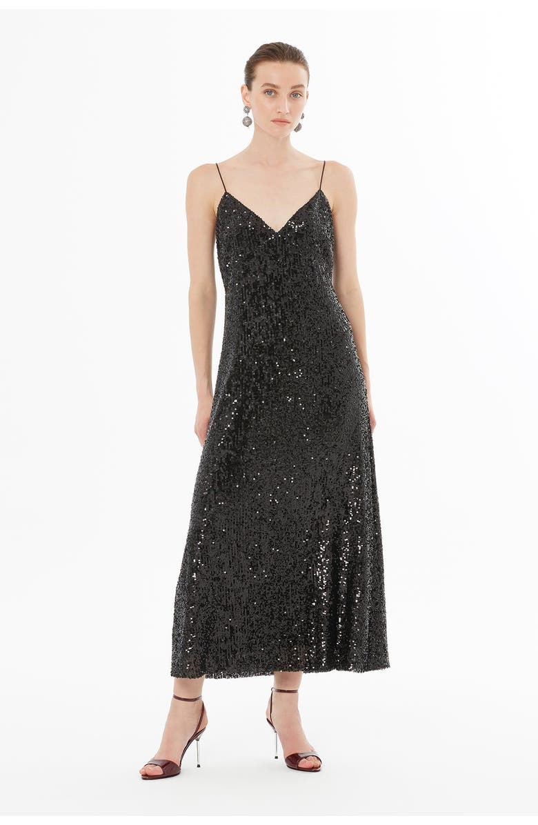 Gizia Spaghetti Strap V-Neck Satin Dress, Alternate, color, Black