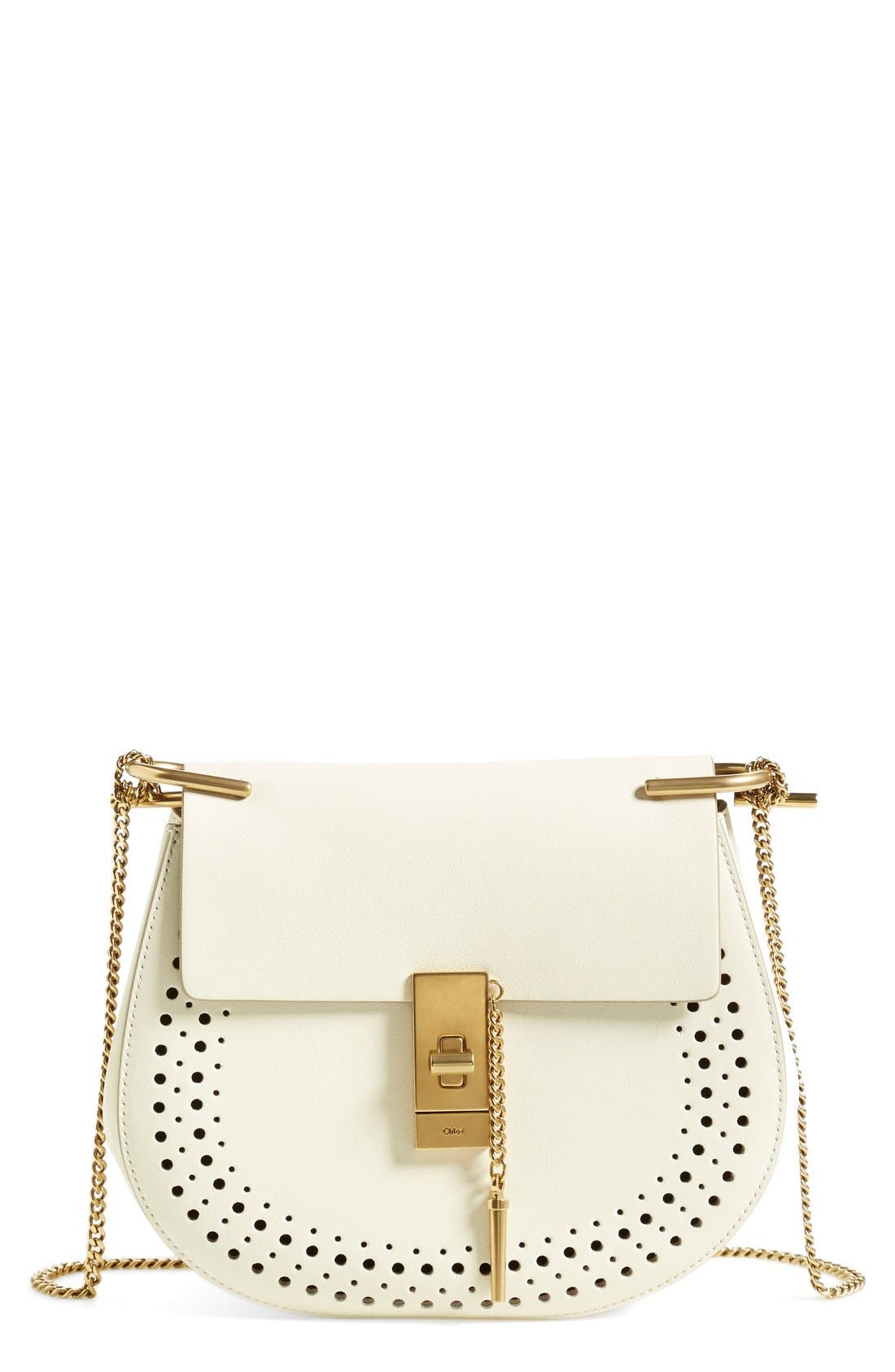 'Mini Drew' Calfskin Leather Shoulder Bag, Main, color, LACE WHITE