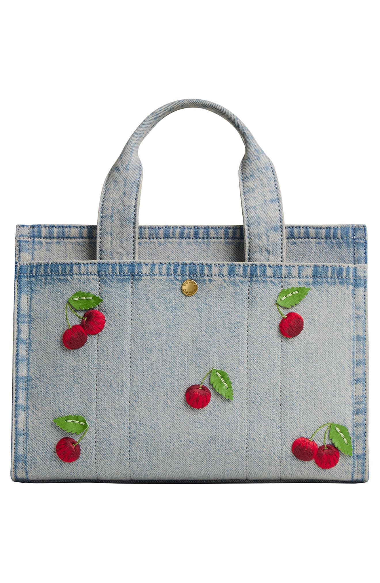 COACH Cherry Embroidery Cargo Denim Tote 26, Alternate, color, Denim Multi