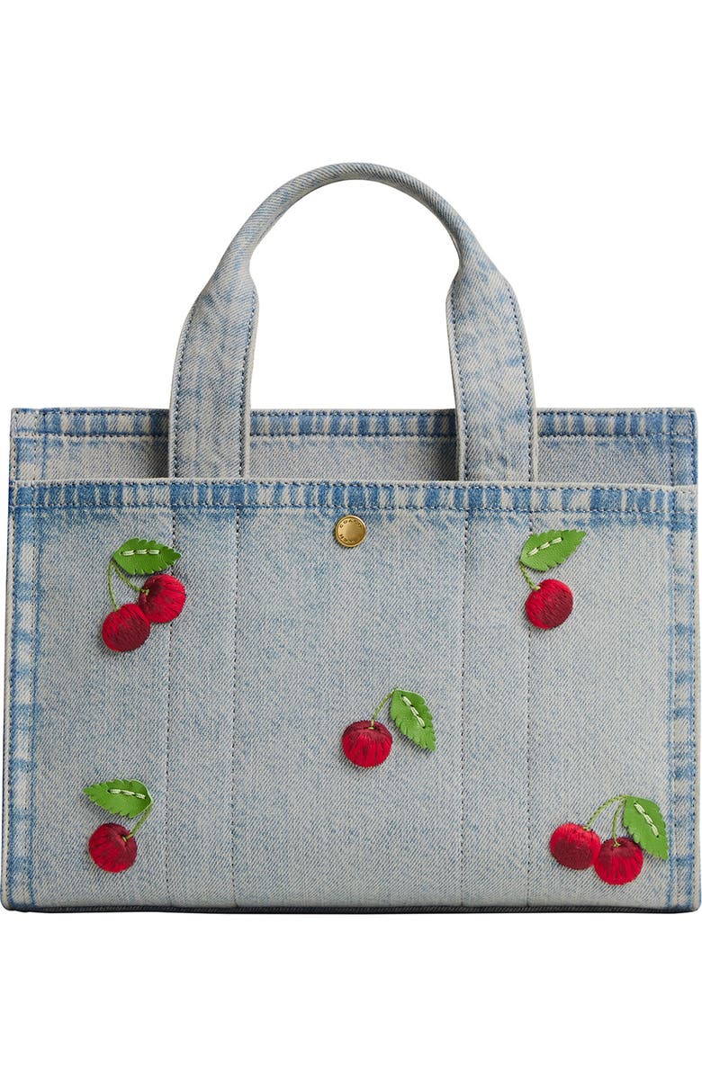 COACH Cherry Embroidery Cargo Denim Tote 26, Alternate, color, Denim Multi