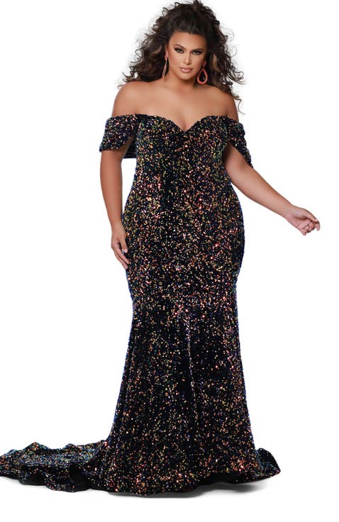 Off the Shoulder Plus Size Sequin Velvet Fitted Formal Gown