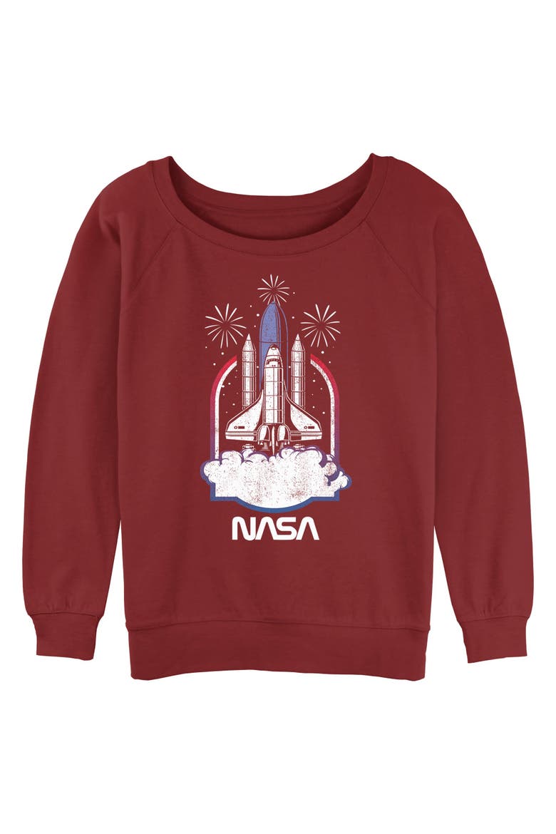 Junior's Distressed Space Shuttle Launch Long Sleeve Crewneck Sweatshirt, Main, color, Scarlet