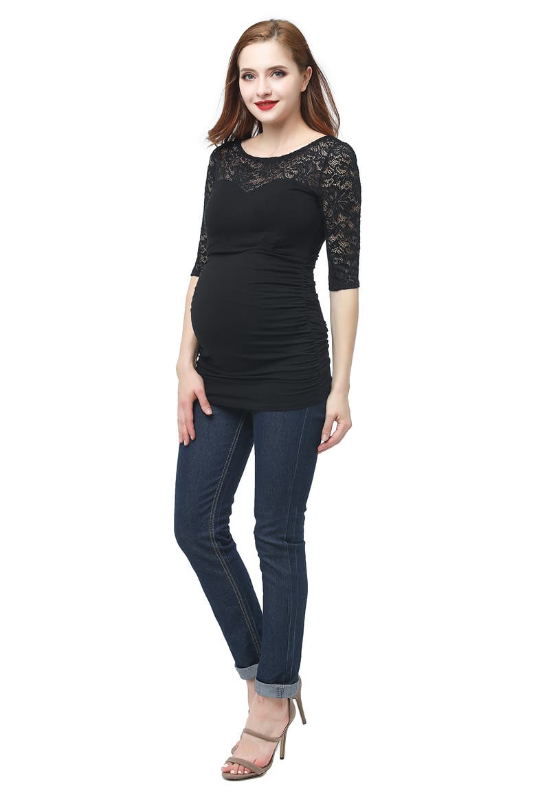 Lace Trim Ruched Maternity Top, Alternate, color, BLACK