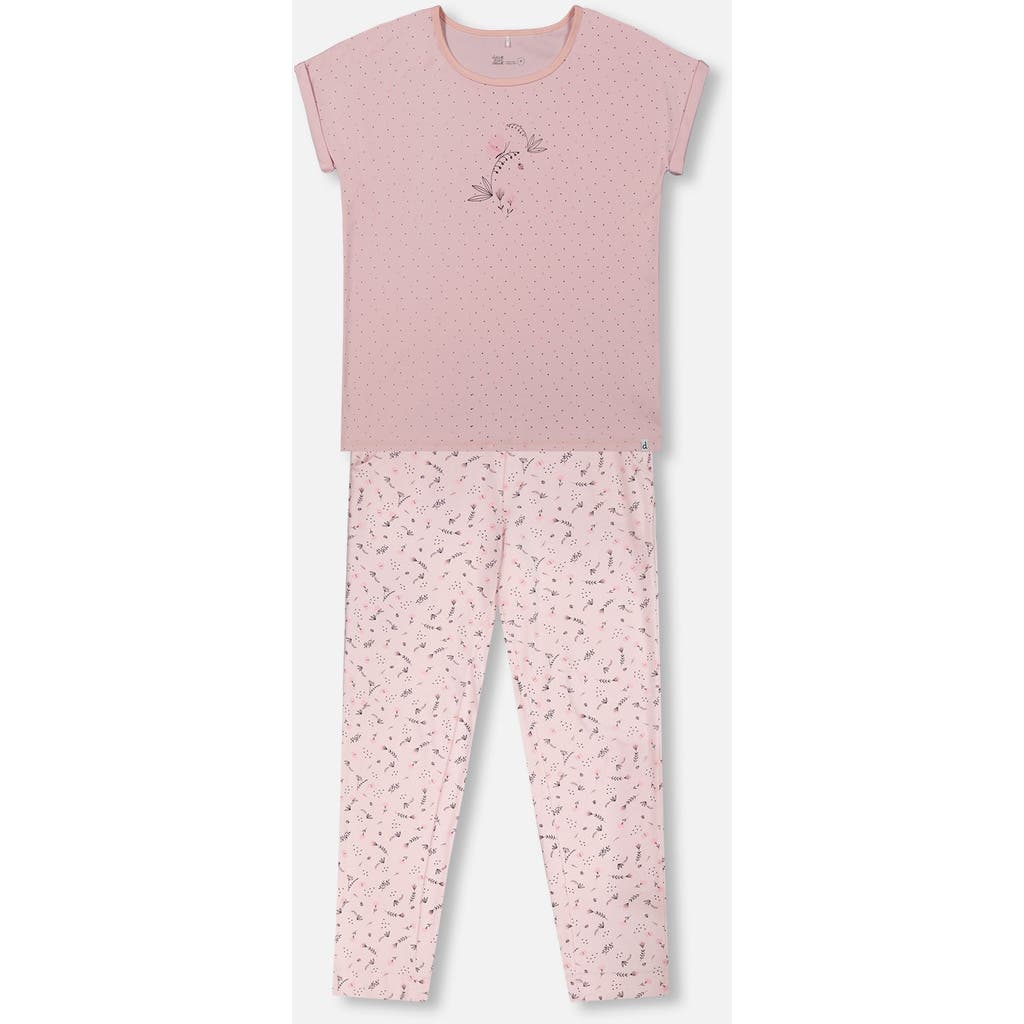 Deux Par Deux Printed Organic Cotton Two-piece Pajama Set Small Pink Flowers On Pale Pink Background In Pink Flowers On Pale Pink