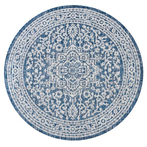 Jonathan Y Sinjuri Medallion Textured Weave Indoor/outdoor Round Area Rug In Navy/gray