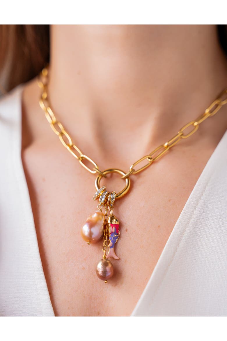 Peach Baroque Pearl Charm Cluster Necklace, Alternate, color, Gold