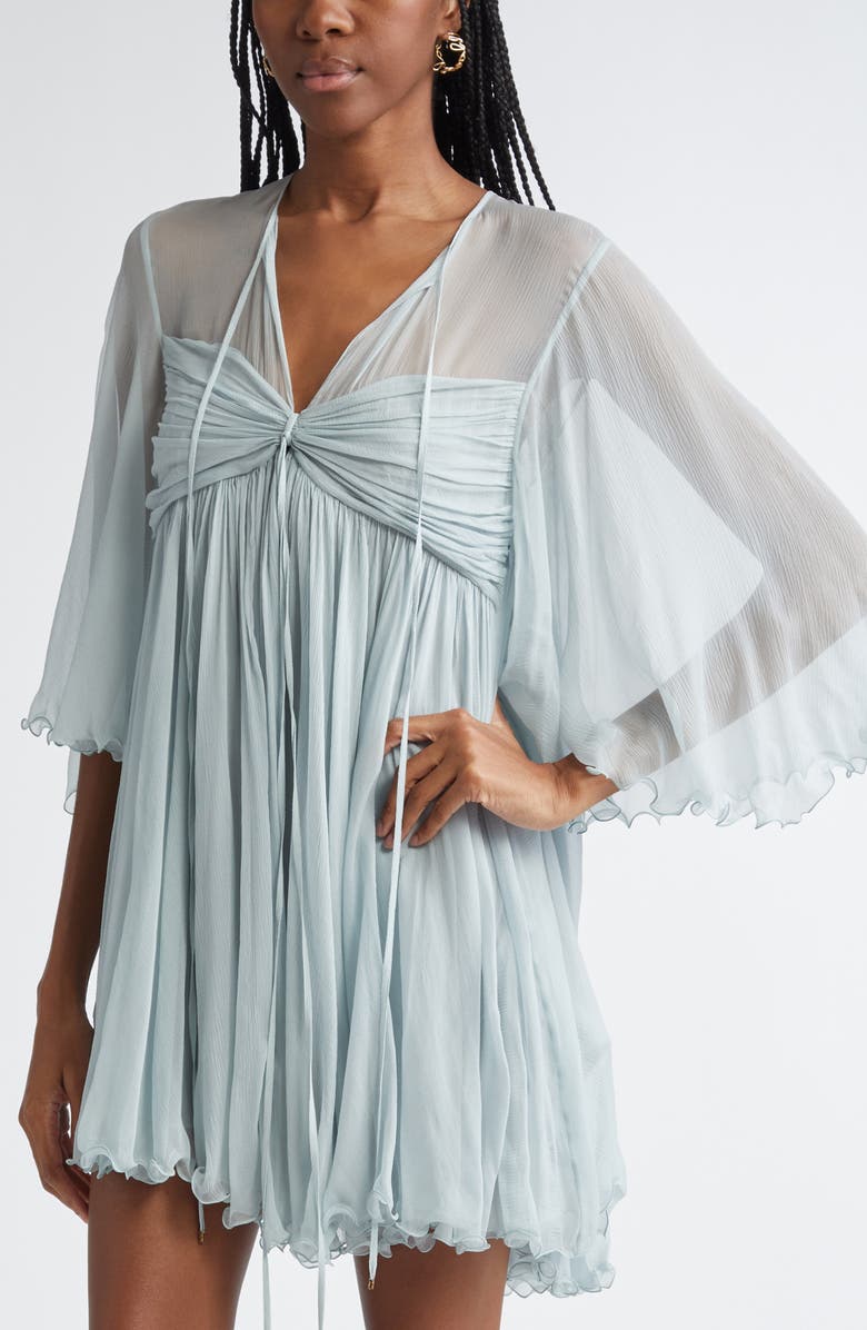 Chloé Pleated Silk Mousseline Babydoll Dress, Alternate, color, Airy Grey
