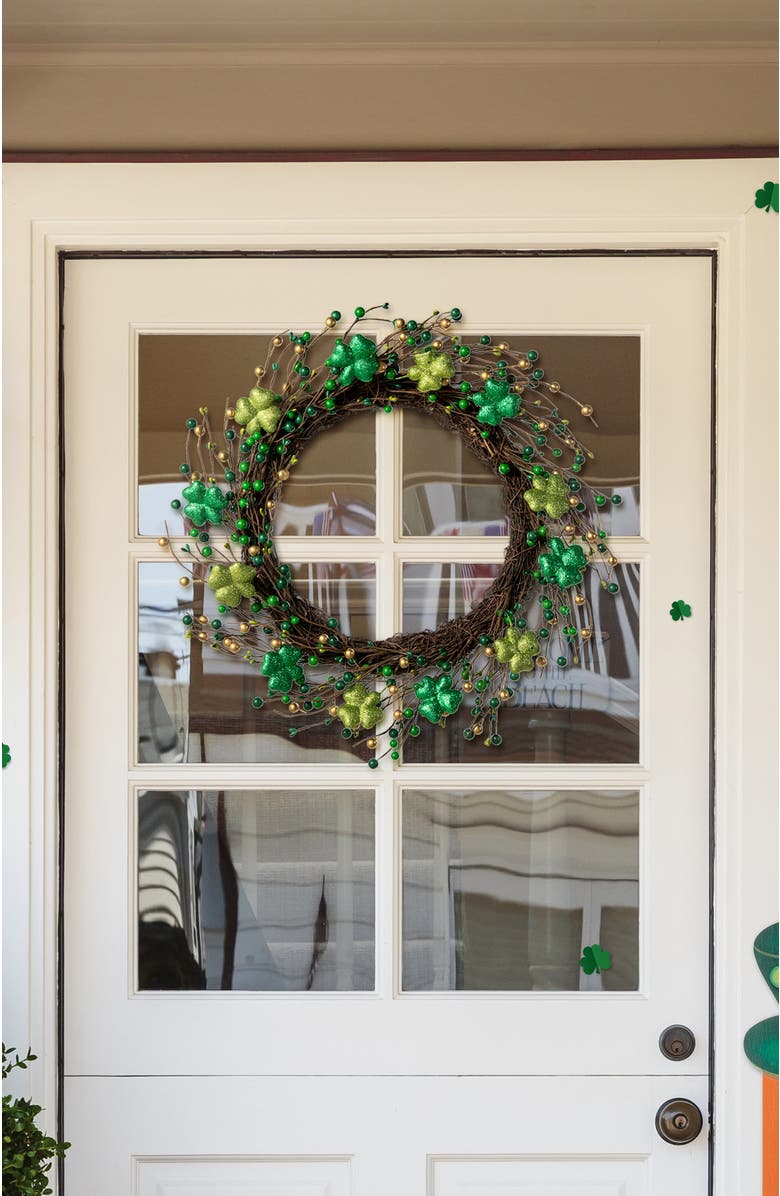 Glitzhome 20"D St. Patrick
s Shamrock Berry Wreath, Alternate, color, Green