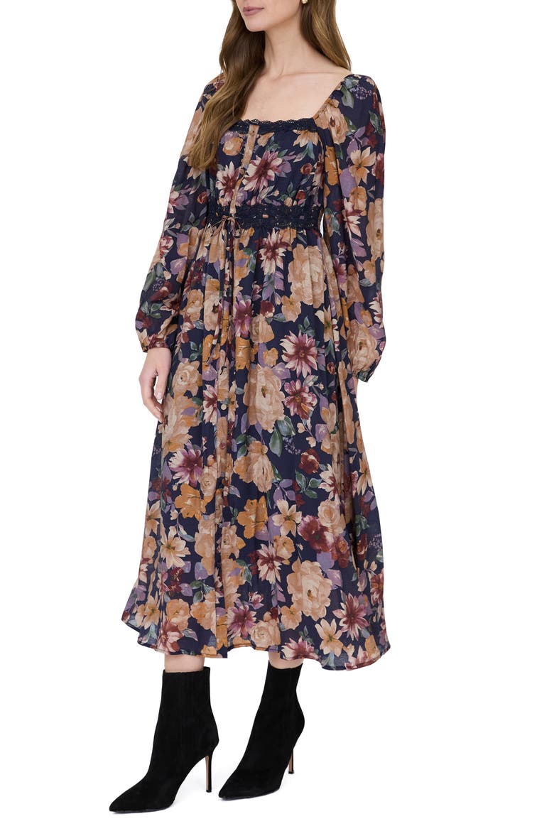 Floral Long Sleeve Midi Dress, Alternate, color, NAVY MULTI