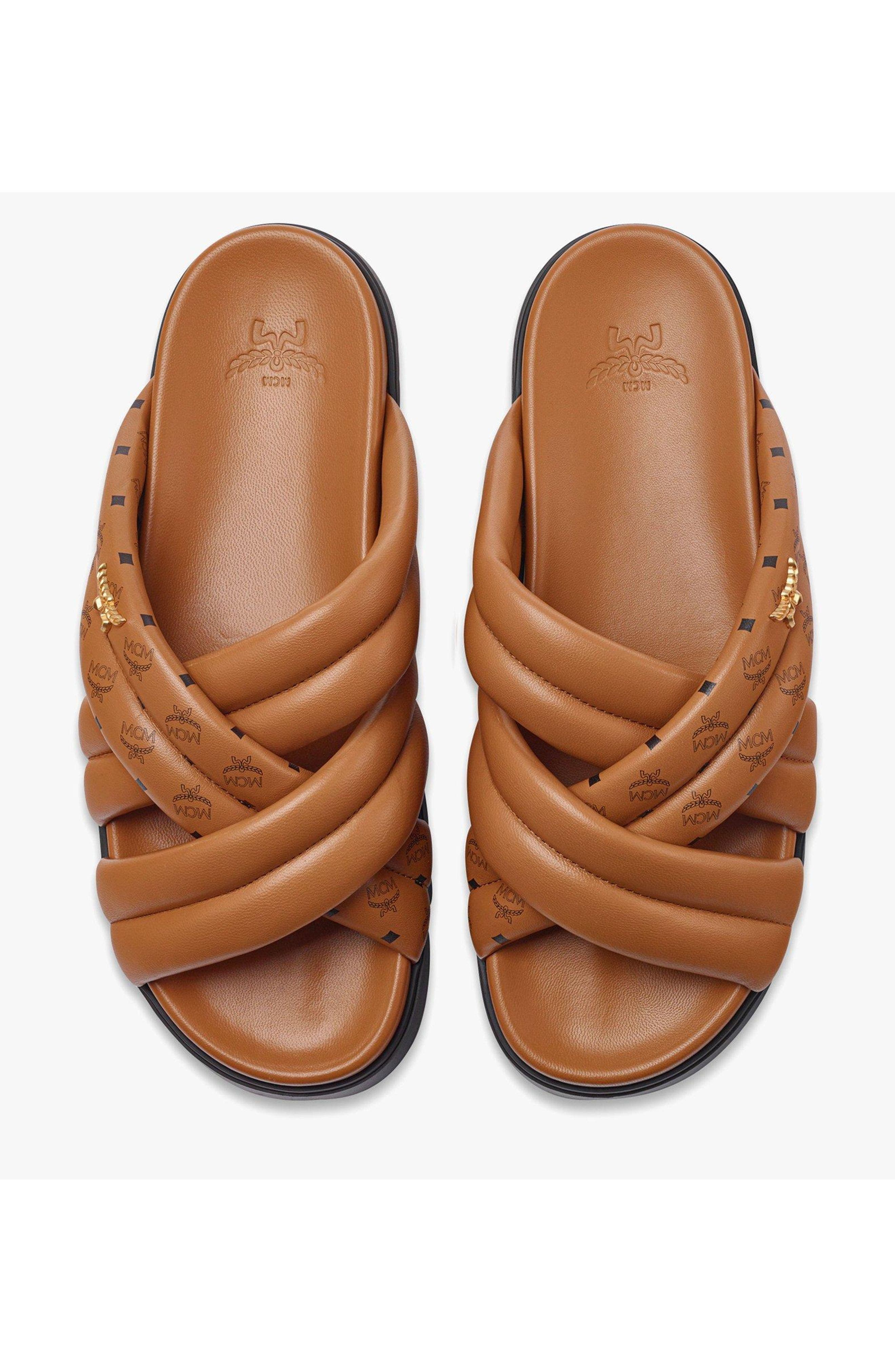 MCM Monogram Print Cross Sandals in Lamb Leather, Alternate, color, Cognac
