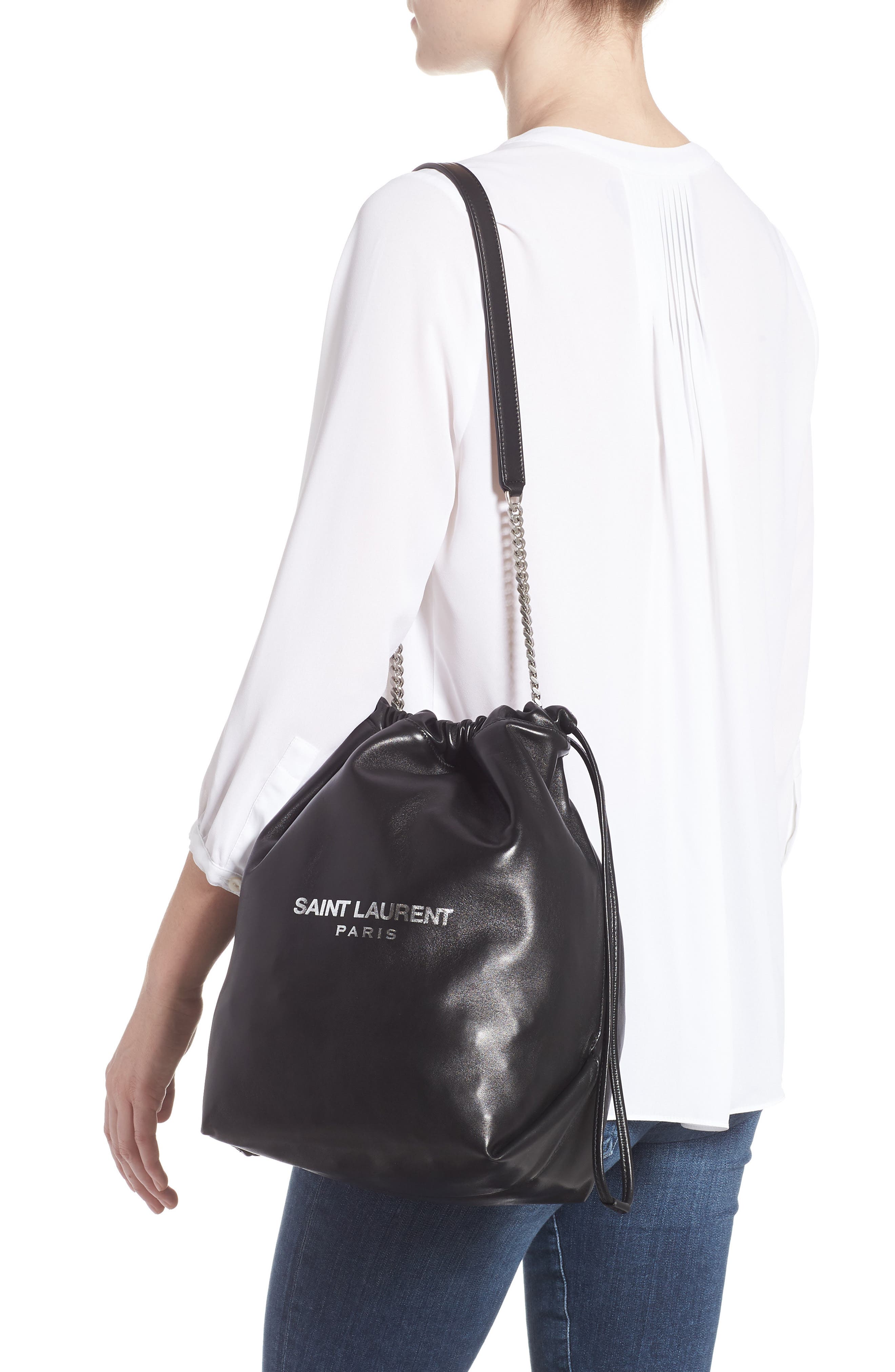 Teddy Leather Bucket Bag, Alternate, color, NOIR