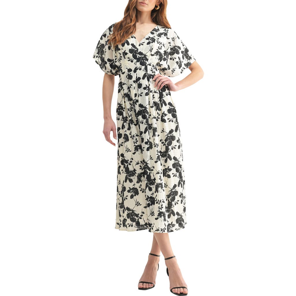 Mila Mae Dolman Sleeve Cinched Waist A-line Dress In Ivory Black
