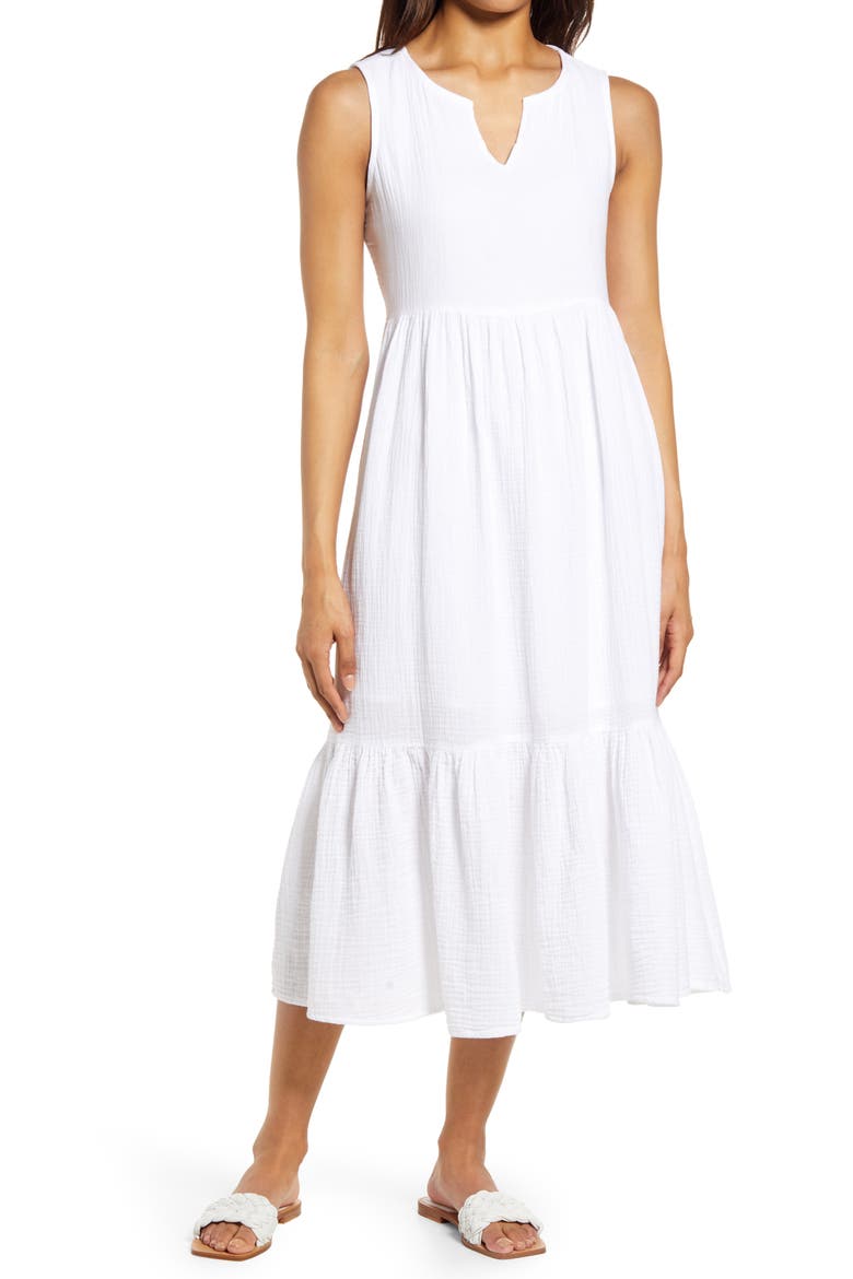 Reana Sleeveless Cotton Double Cloth Midi Dress, Main, color, WHITE