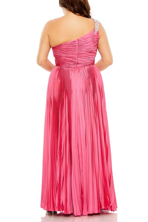 Mac Duggal One Shoulder Embellished Pleated Sleeveless Gown In Hot Pink