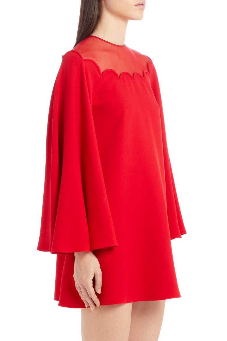 Scallop Neck Long Sleeve Silk Cady Minidress, Alternate, color, ROSSO