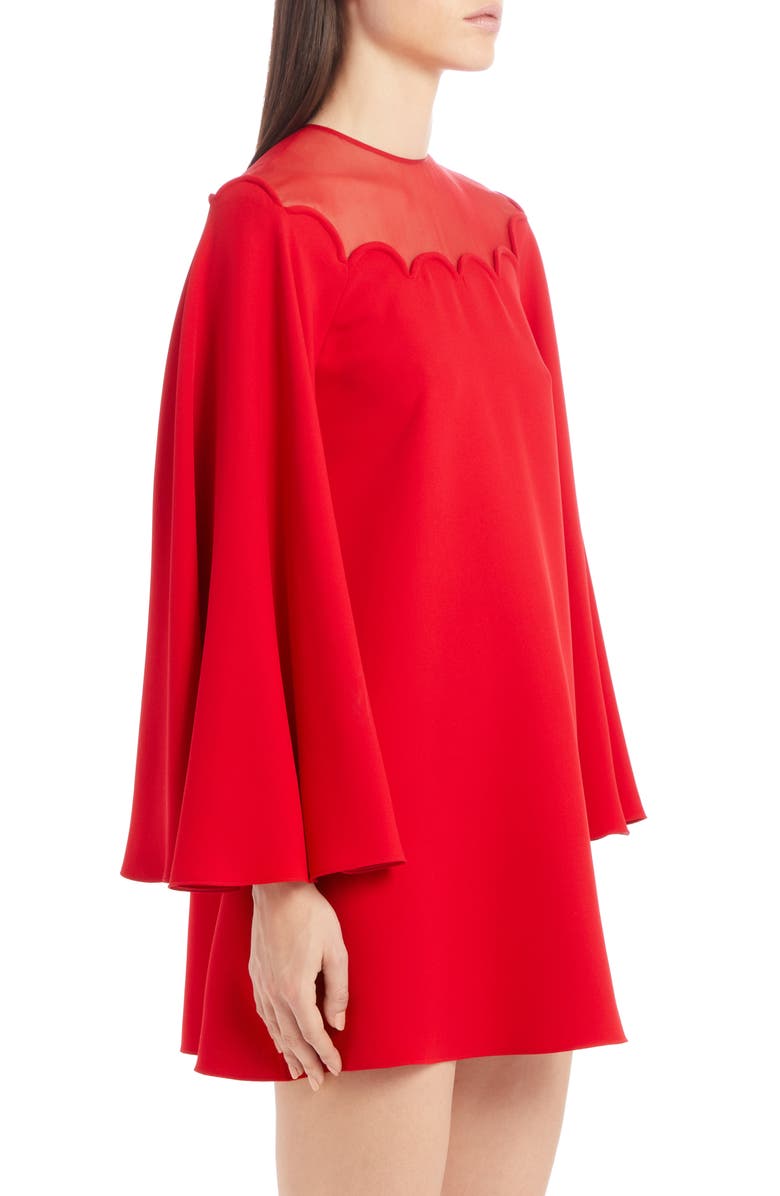 Valentino Scallop Neck Long Sleeve Silk Cady Minidress, Alternate, color,