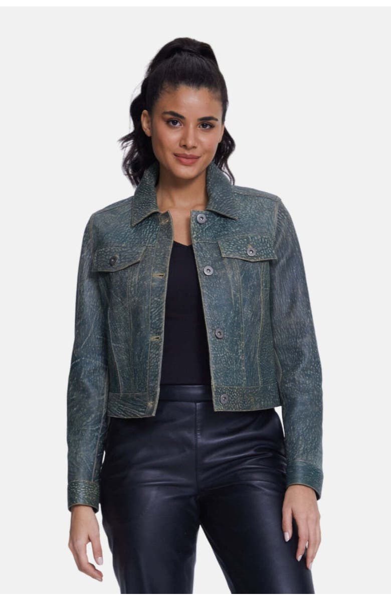 Furniq UK Arabella Patterned Leather Jacket, Main, color, Dark Green Mix