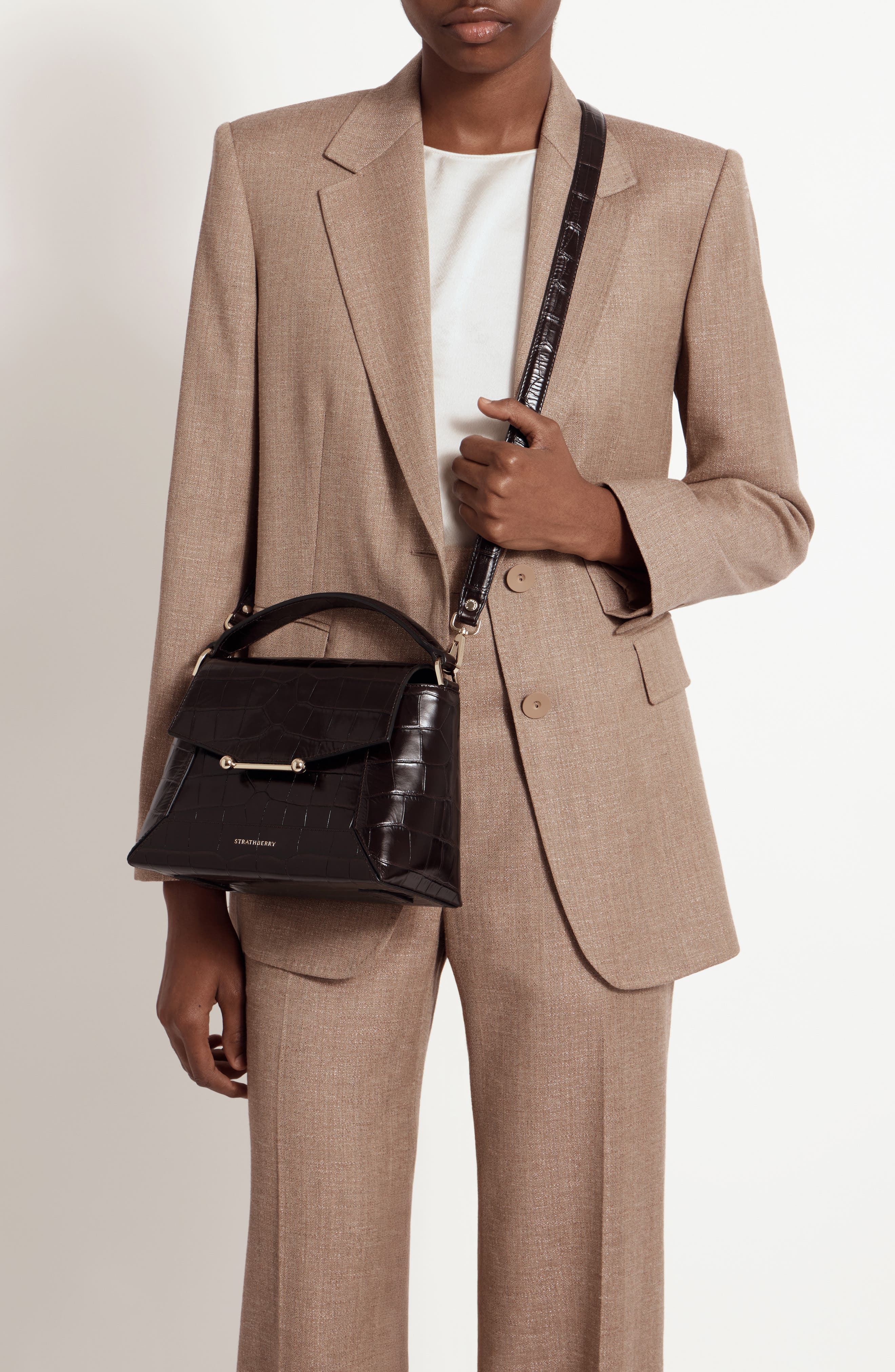 Strathberry Mosaic Croc Embossed Leather Top Handle Bag, Alternate, color, Mahogany