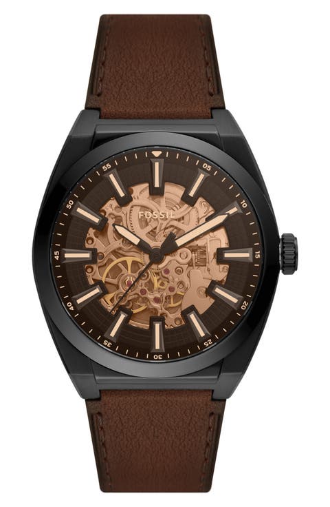 Everett Skeleton Leather Strap Watch, 42mm