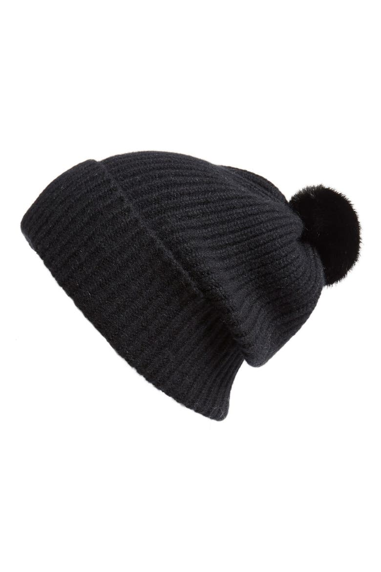 Badgley Mischka Rib Knit Beanie with Genuine Mink Pompom, Main, color, BLACK