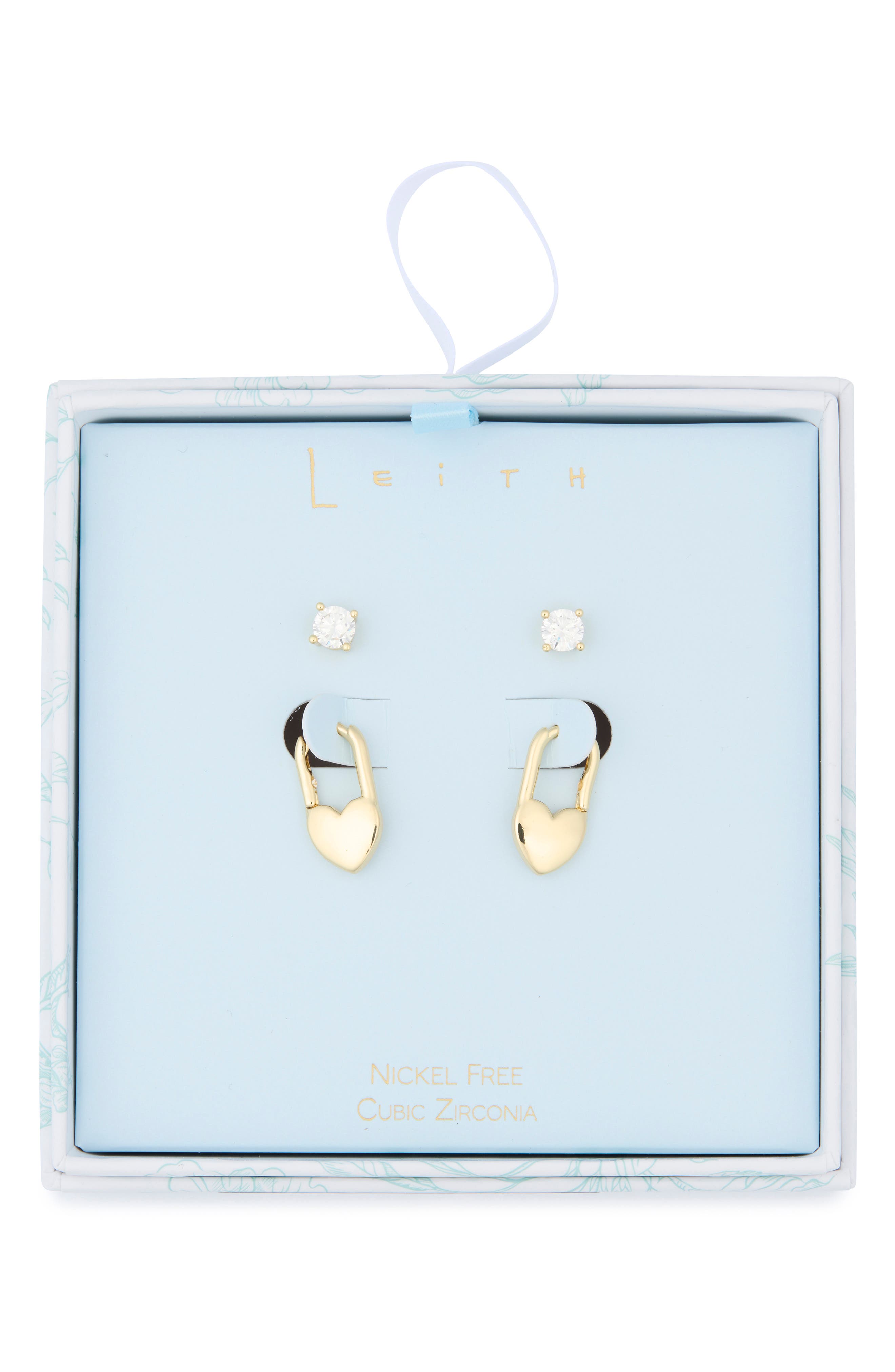Leith 2-Pair Cubic Zirconia Stud & Heart Lock Earrings Set