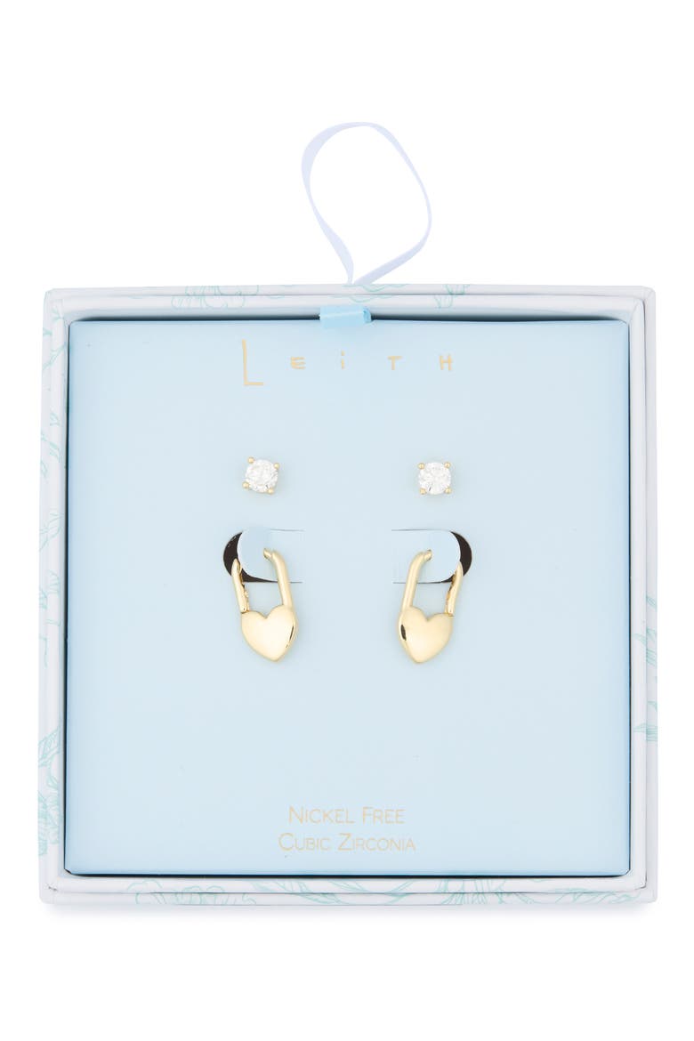 2-Pair Cubic Zirconia Stud & Heart Lock Earrings Set, Main, color, CLEAR- GOLD