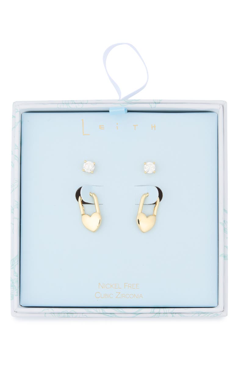 Leith 2-Pair Cubic Zirconia Stud & Heart Lock Earrings Set, Main, color, Clear- Gold
