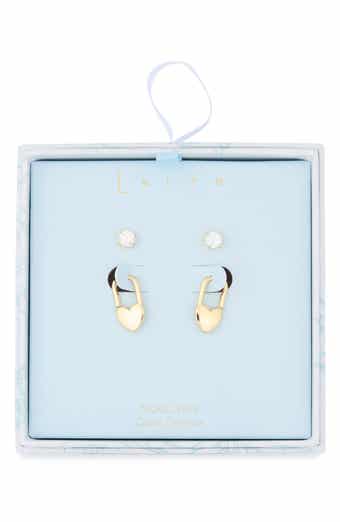 2-Pair Cubic Zirconia Stud & Heart Lock Earrings Set