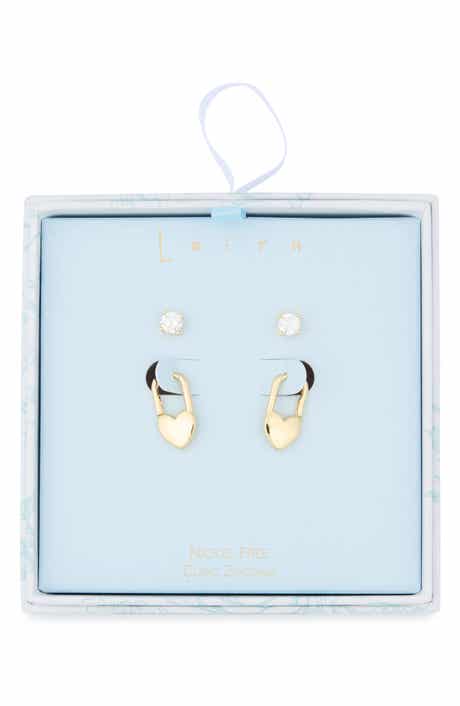 Leith 2-Pair Cubic Zirconia Stud & Heart Lock Earrings Set