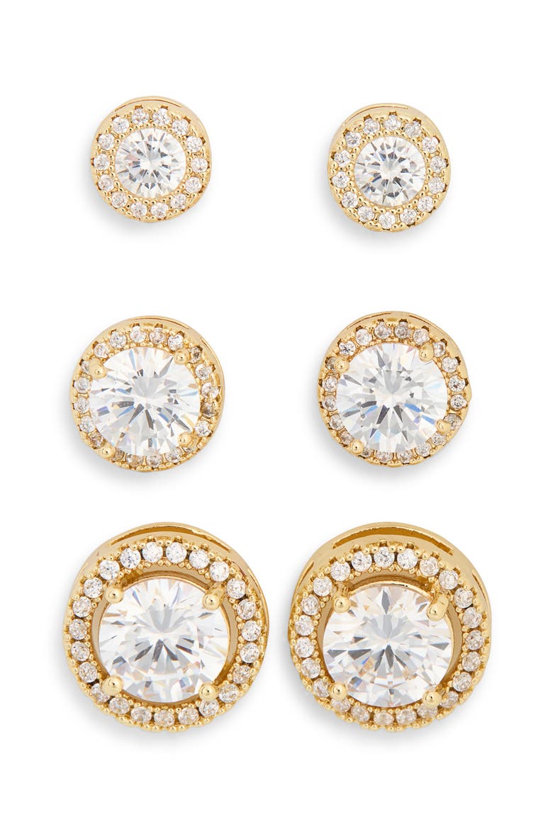 3-Pack Assorted Halo Cubic Zirconia Stud Earrings, Alternate, color, CLEAR- GOLD