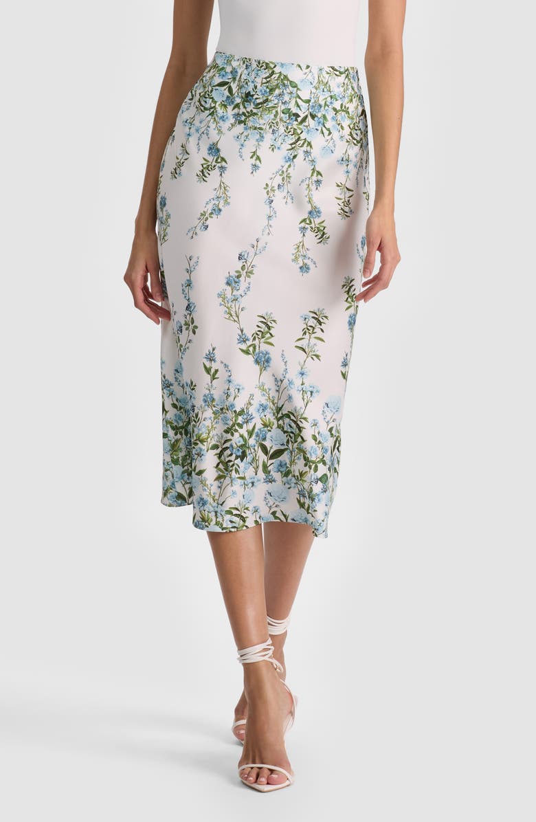 Alice + Olivia Maeve Floral Print Slip Skirt, Main, color, Fresh Air Carolina Blue