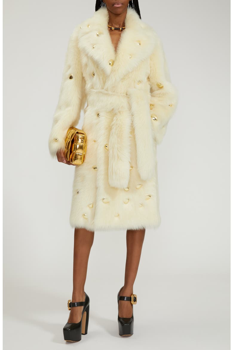 Studded Genuine Shearling Wrap Coat, Main, color, CAMOMILE