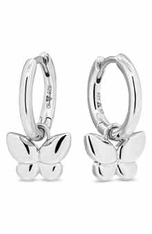 DEVATA Butterfly Hoop Earrings in Rhodium Plated Sterling Silver