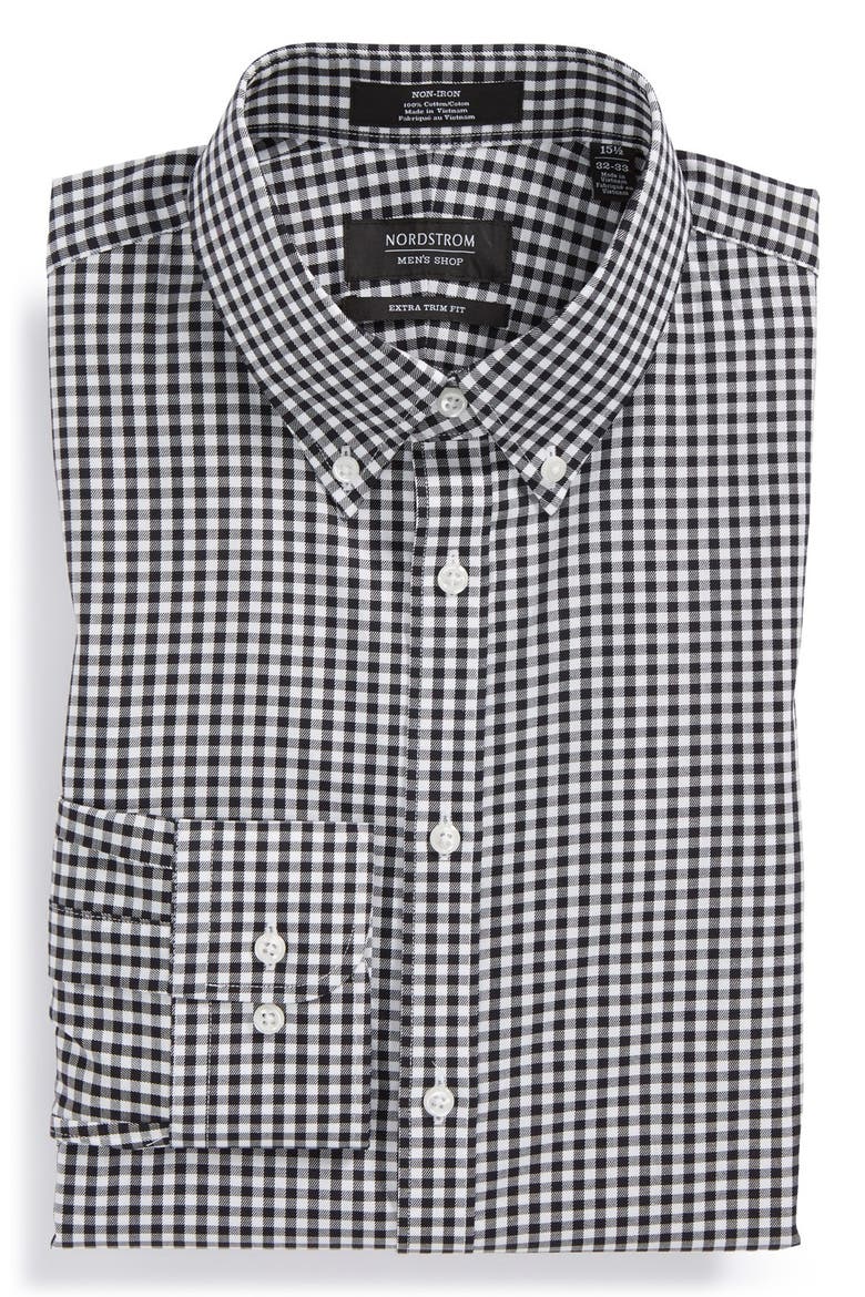 Nordstrom Extra Trim Fit Non-Iron Check Dress Shirt, Main, color, BLACK ROCK