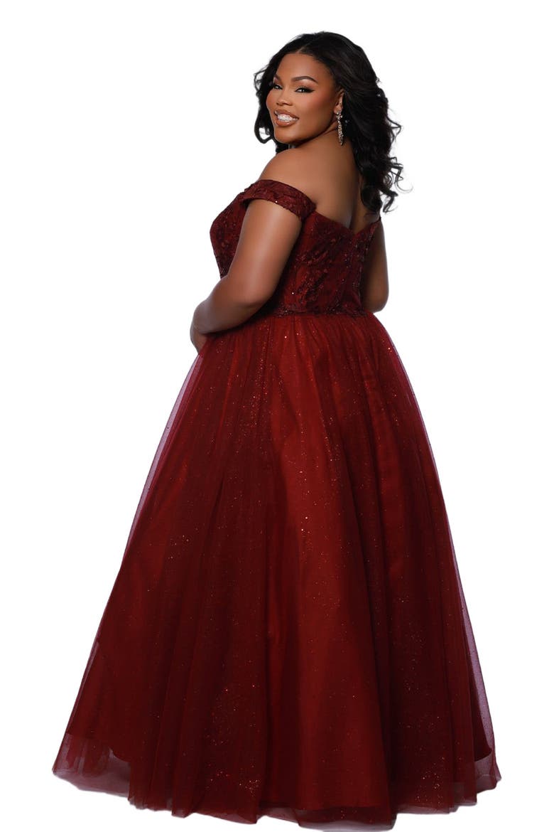 Off the Shoulder V-Neckline Plus Size Ballgown, Main, color, Burgundy