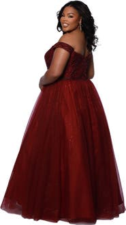 Sydney's Closet Off the Shoulder V-Neckline Plus Size Ballgown