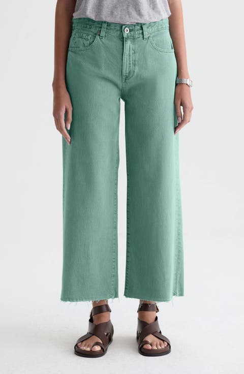 Saige Raw Hem Mid Rise Ankle Wide Leg Jeans (Sulfur Sunwashed Jade)