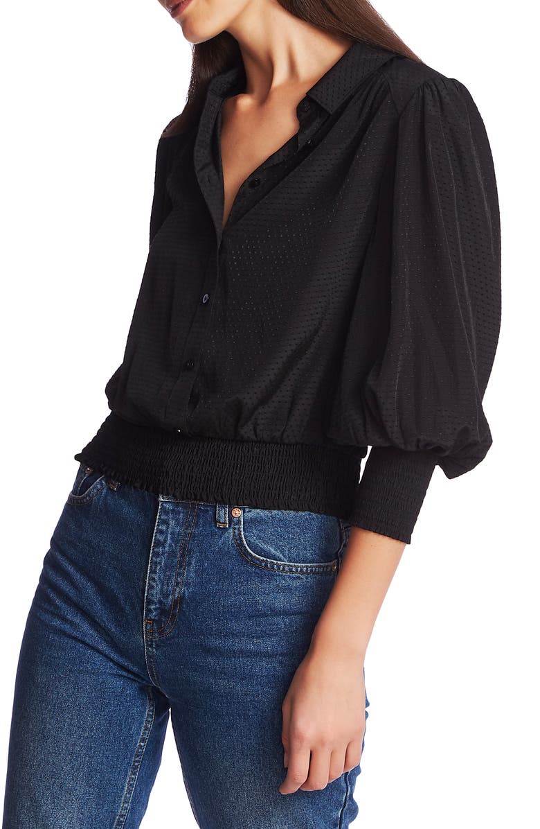 1.STATE Dot Jacquard Smocked Waist Button Front Top, Alternate, color, 