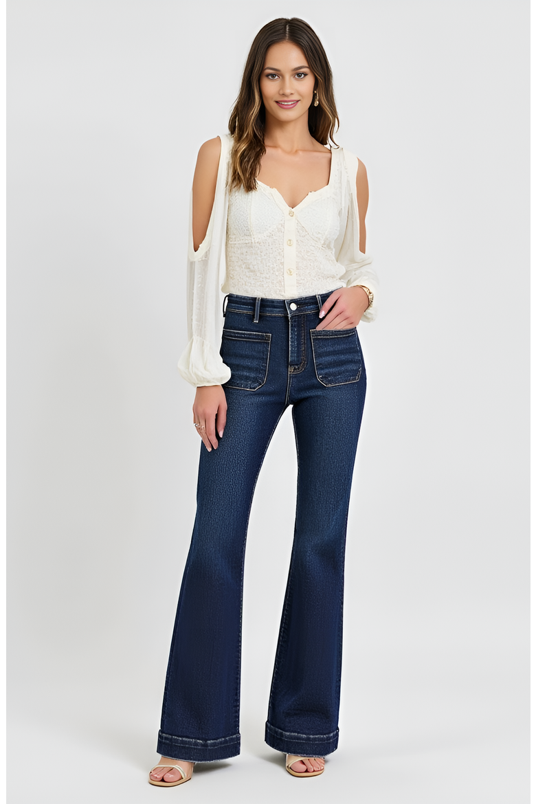 High Waist Flare Jeans with Front Patch Pockets, Alternate, color, Dark Indigo