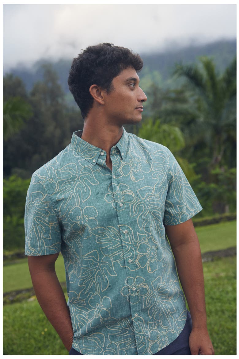 Monstera Ink Tailored Fit Short Sleeve Button-Down Shirt, Alternate, color, SAGEBRUSH