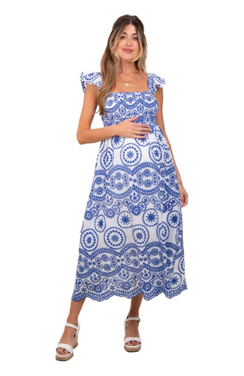 Embroidered Smocked Cutout Midi Dress