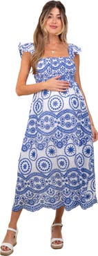 PinkBlush Embroidered Smocked Cutout Midi Dress